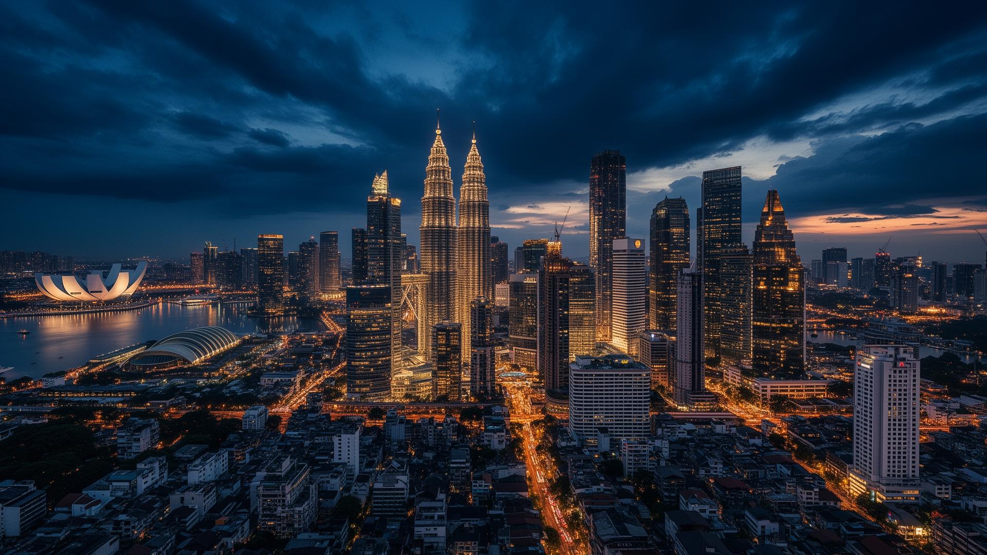 Southeast Asian skylines at dusk, Singapore, Kuala Lumpur, Jakarta, Bangkok and Ho Chi Minh City